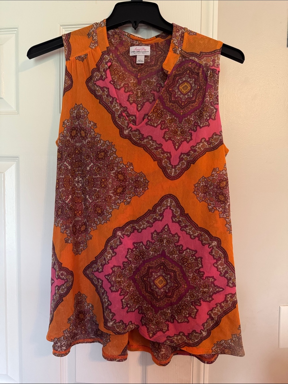 Sweet Pea Orange and Pink Sleeveless Medallion V-Neck Tank